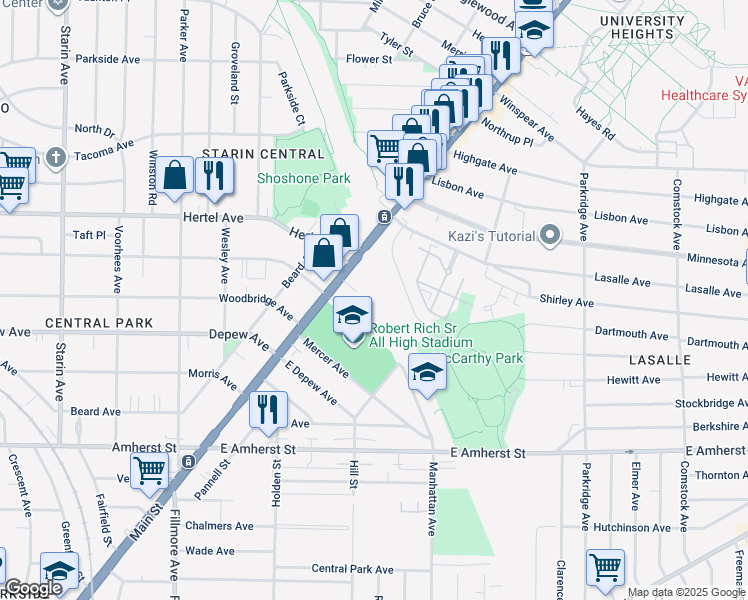 map of restaurants, bars, coffee shops, grocery stores, and more near 2929 Main Street in Buffalo