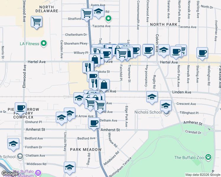 map of restaurants, bars, coffee shops, grocery stores, and more near 609 Linden Avenue in Buffalo