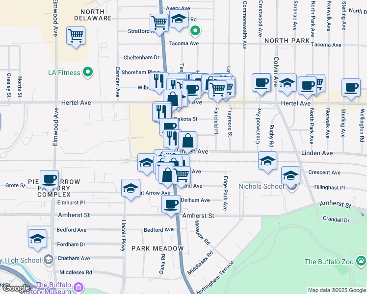 map of restaurants, bars, coffee shops, grocery stores, and more near 649 Linden Avenue in Buffalo