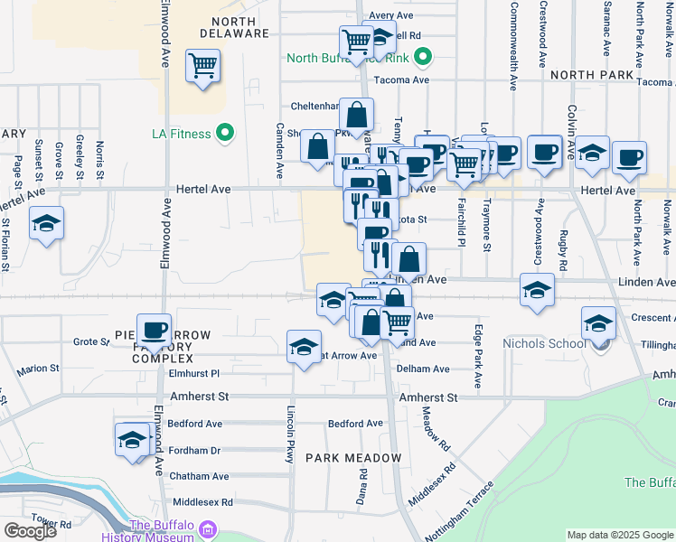 map of restaurants, bars, coffee shops, grocery stores, and more near 2234 Delaware Avenue in Buffalo