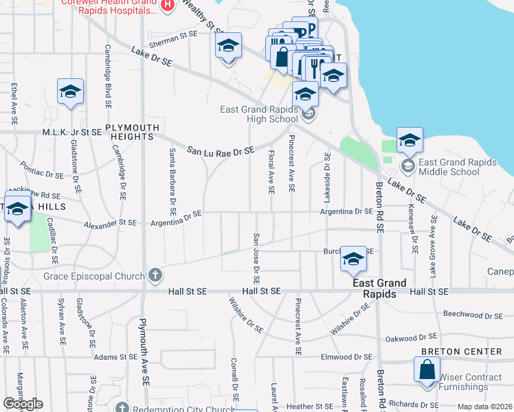 map of restaurants, bars, coffee shops, grocery stores, and more near 955 Floral Avenue Southeast in Grand Rapids