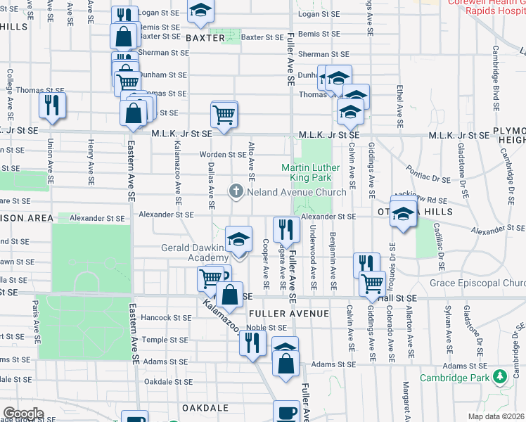 map of restaurants, bars, coffee shops, grocery stores, and more near 1125 Alexander Street Southeast in Grand Rapids