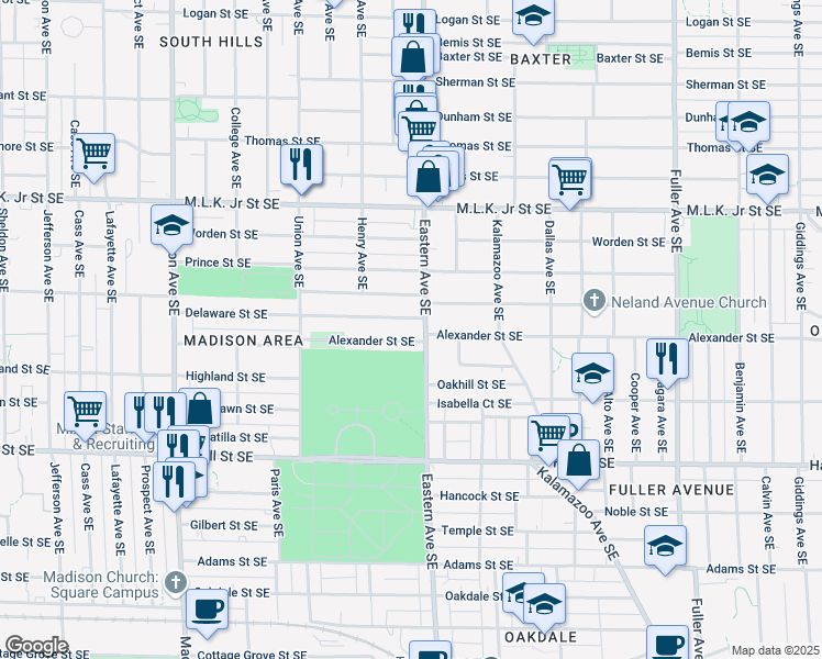 map of restaurants, bars, coffee shops, grocery stores, and more near 740 Delaware Street Southeast in Grand Rapids