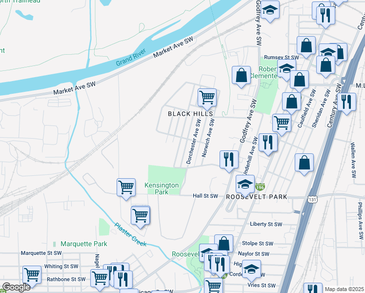map of restaurants, bars, coffee shops, grocery stores, and more near 1012 Kensington Avenue Southwest in Grand Rapids