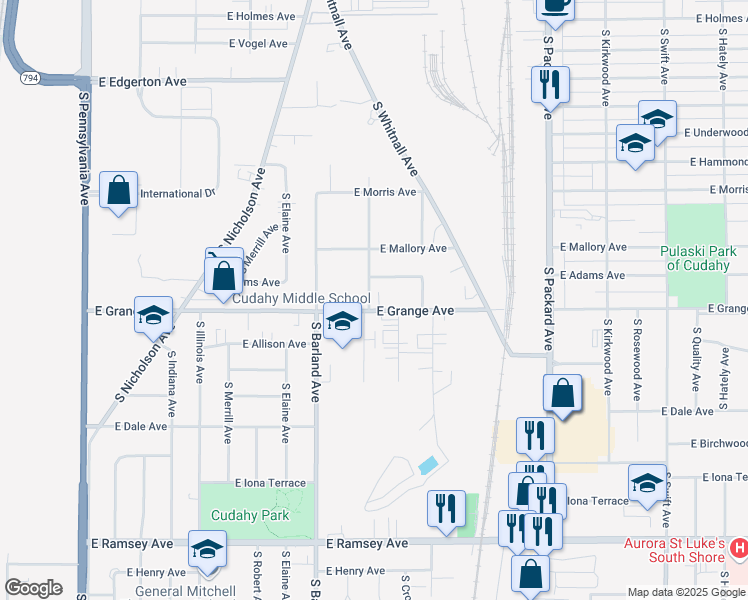 map of restaurants, bars, coffee shops, grocery stores, and more near 3318 East Grange Avenue in Cudahy