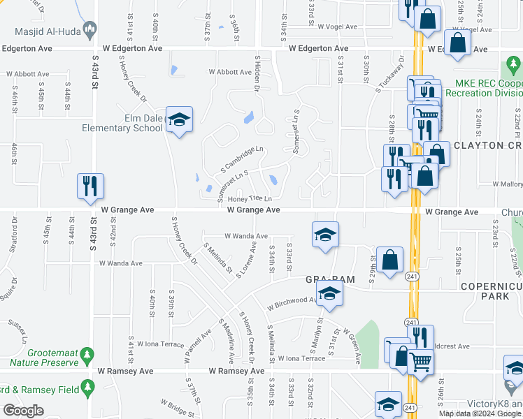 map of restaurants, bars, coffee shops, grocery stores, and more near 3495 Honey Tree Lane in Greenfield