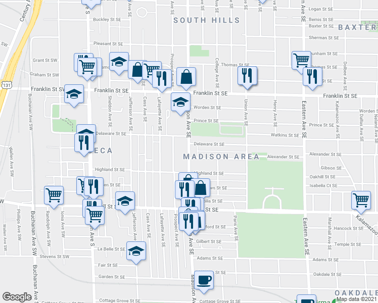 map of restaurants, bars, coffee shops, grocery stores, and more near 1012 Madison Avenue Southeast in Grand Rapids