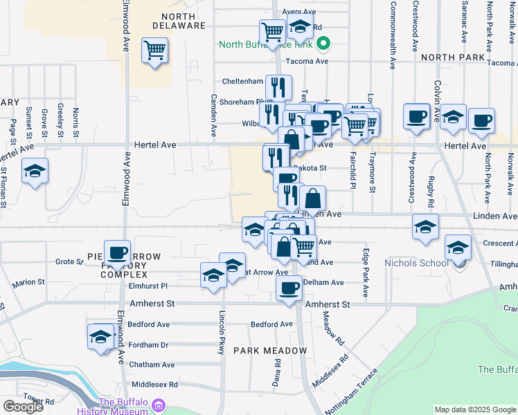 map of restaurants, bars, coffee shops, grocery stores, and more near 2232 Delaware Avenue in Buffalo