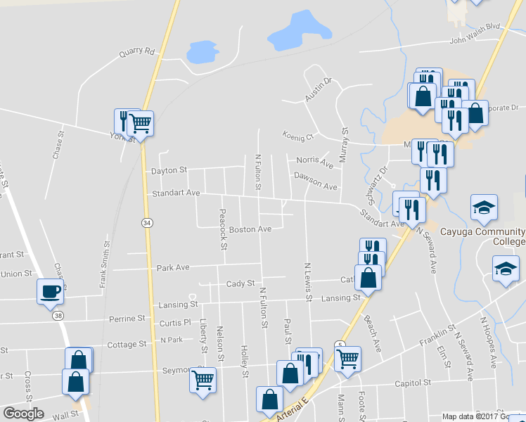 map of restaurants, bars, coffee shops, grocery stores, and more near 166 North Fulton Street in Auburn