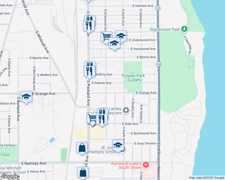 map of restaurants, bars, coffee shops, grocery stores, and more near 3726A East Grange Avenue in Cudahy