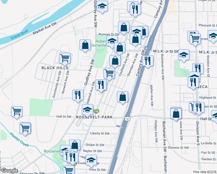 map of restaurants, bars, coffee shops, grocery stores, and more near 440 Beacon Street Southwest in Grand Rapids