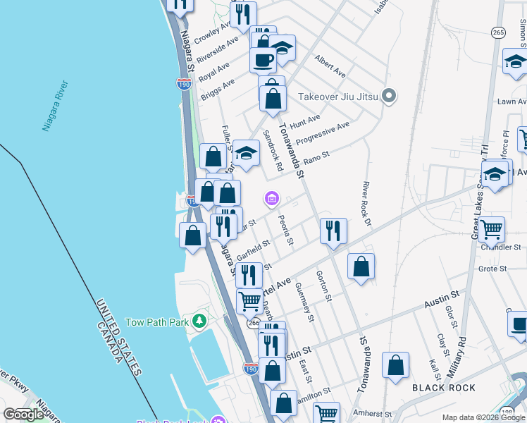 map of restaurants, bars, coffee shops, grocery stores, and more near 78 Arthur Street in Buffalo