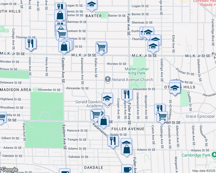 map of restaurants, bars, coffee shops, grocery stores, and more near 1045 Alexander St SE in Grand Rapids