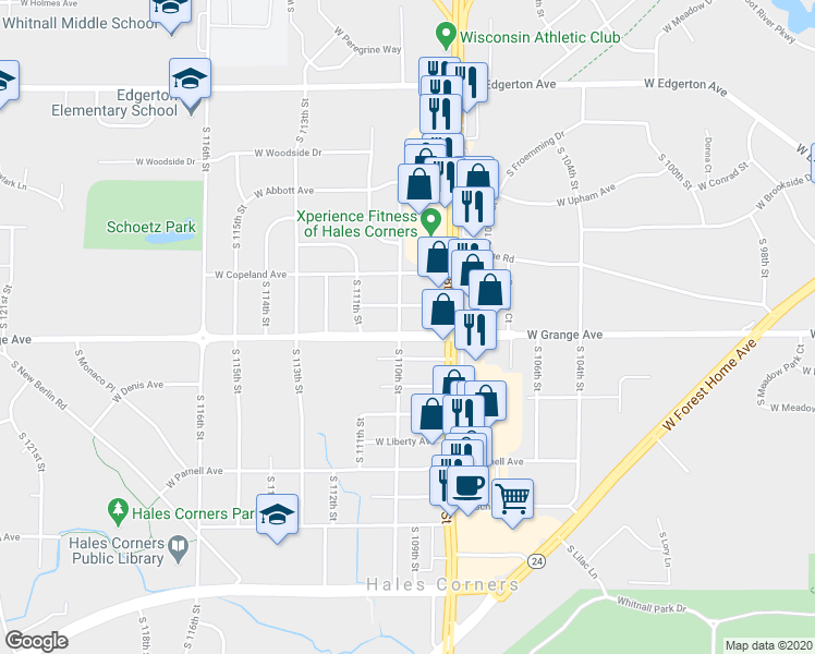 map of restaurants, bars, coffee shops, grocery stores, and more near 10908 West Grange Avenue in Hales Corners