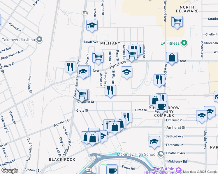 map of restaurants, bars, coffee shops, grocery stores, and more near 138 Debra Lane in Buffalo