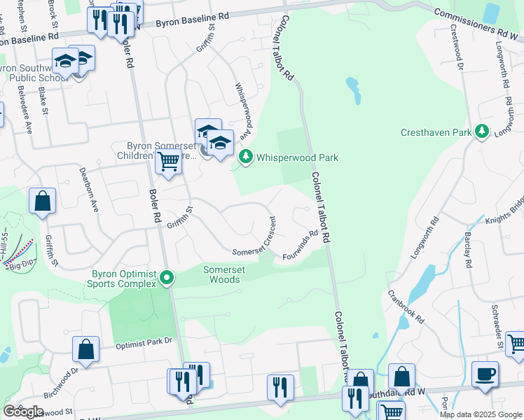 map of restaurants, bars, coffee shops, grocery stores, and more near 120 Somerset Crescent in London