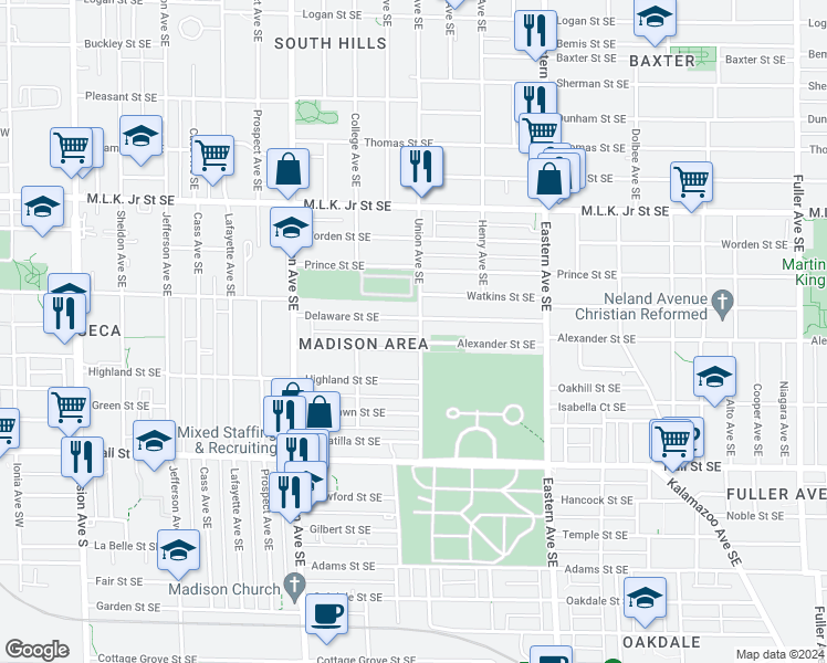 map of restaurants, bars, coffee shops, grocery stores, and more near 1009 Union Avenue Southeast in Grand Rapids