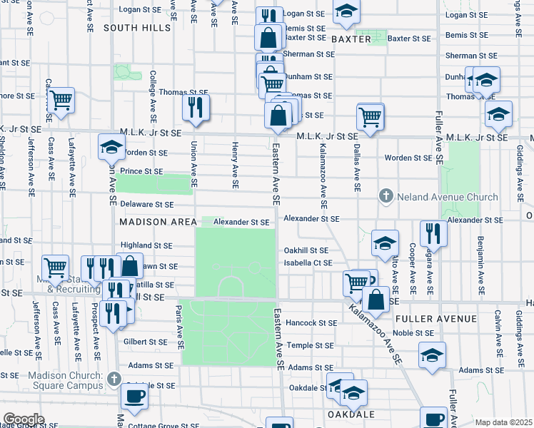 map of restaurants, bars, coffee shops, grocery stores, and more near 740 Delaware Street Southeast in Grand Rapids