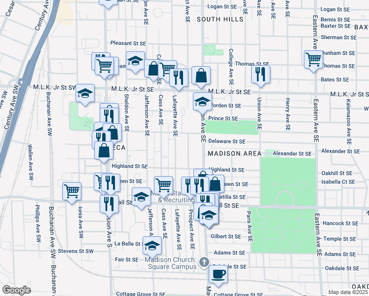 map of restaurants, bars, coffee shops, grocery stores, and more near 1031 Prospect Avenue Southeast in Grand Rapids