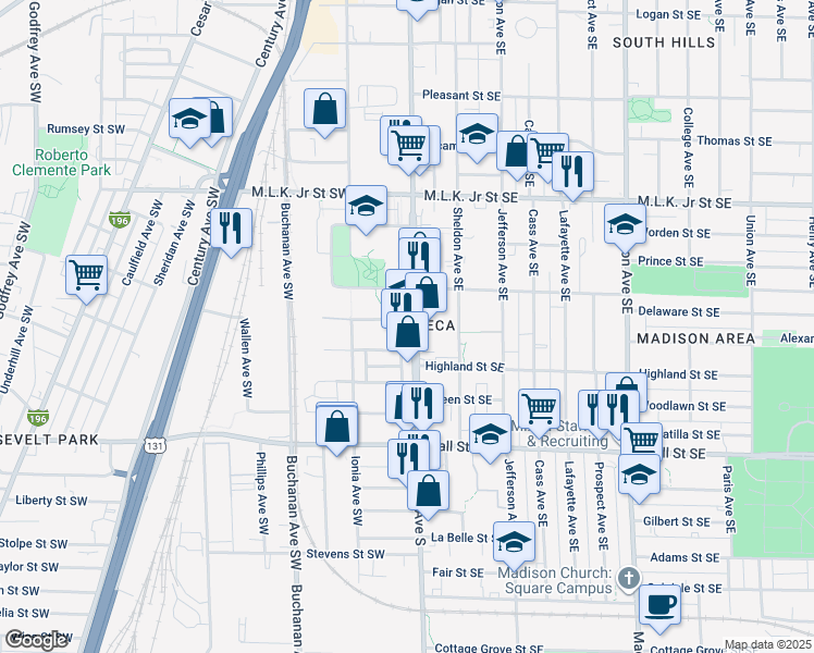 map of restaurants, bars, coffee shops, grocery stores, and more near 1001 Division Avenue South in Grand Rapids