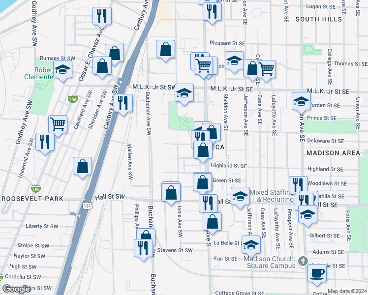 map of restaurants, bars, coffee shops, grocery stores, and more near 50 Albany Street Southwest in Grand Rapids
