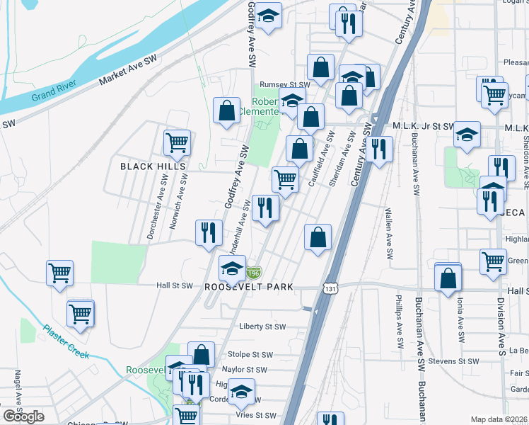 map of restaurants, bars, coffee shops, grocery stores, and more near 549 Martha Street Southwest in Grand Rapids
