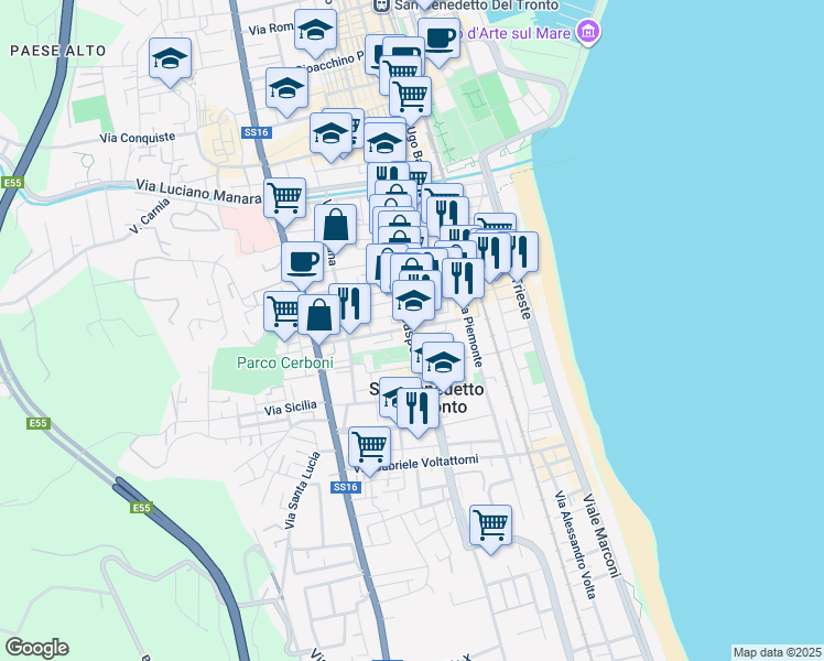 map of restaurants, bars, coffee shops, grocery stores, and more near 17 Via Monte San Michele in San Benedetto del Tronto