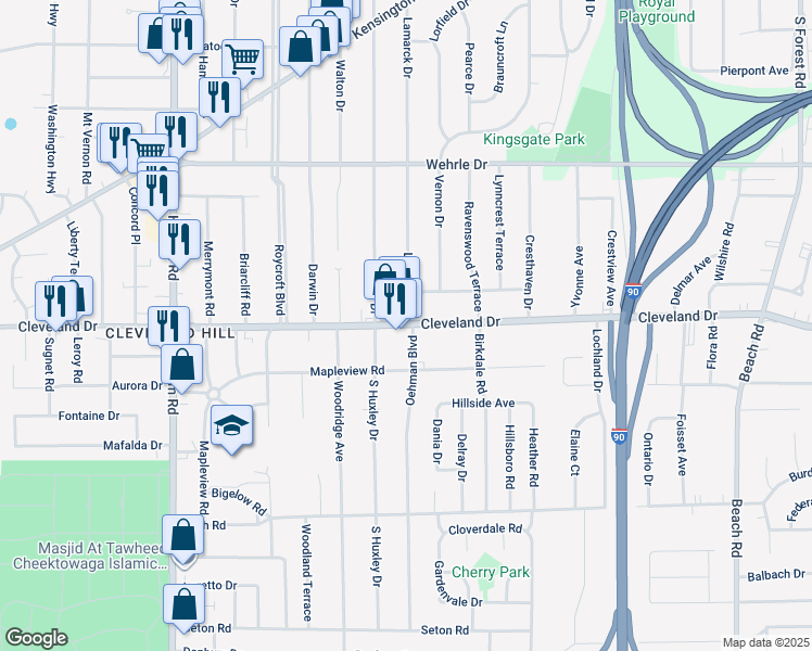 map of restaurants, bars, coffee shops, grocery stores, and more near 642 Cleveland Drive in Buffalo