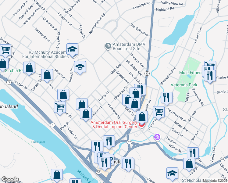 map of restaurants, bars, coffee shops, grocery stores, and more near 3 McElwain Avenue in Amsterdam