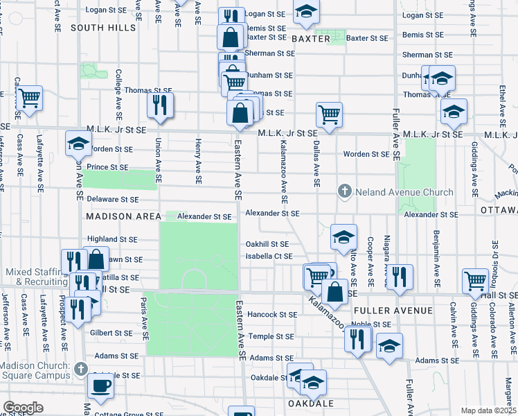 map of restaurants, bars, coffee shops, grocery stores, and more near 831 Alexander Street Southeast in Grand Rapids