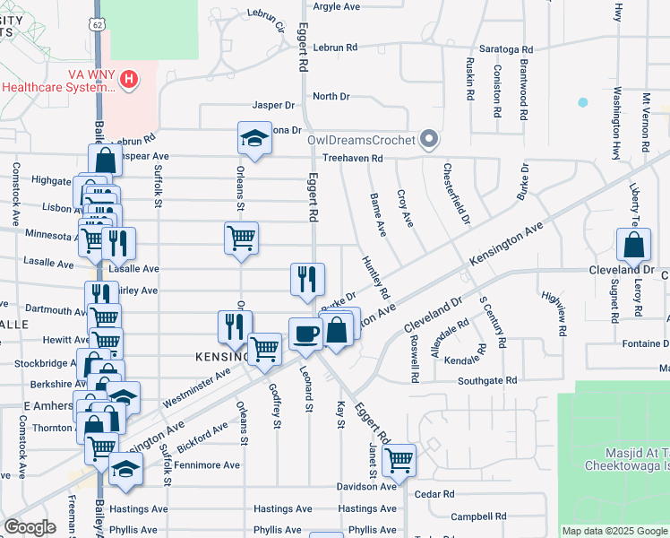 map of restaurants, bars, coffee shops, grocery stores, and more near 36 Woodley Road in Buffalo