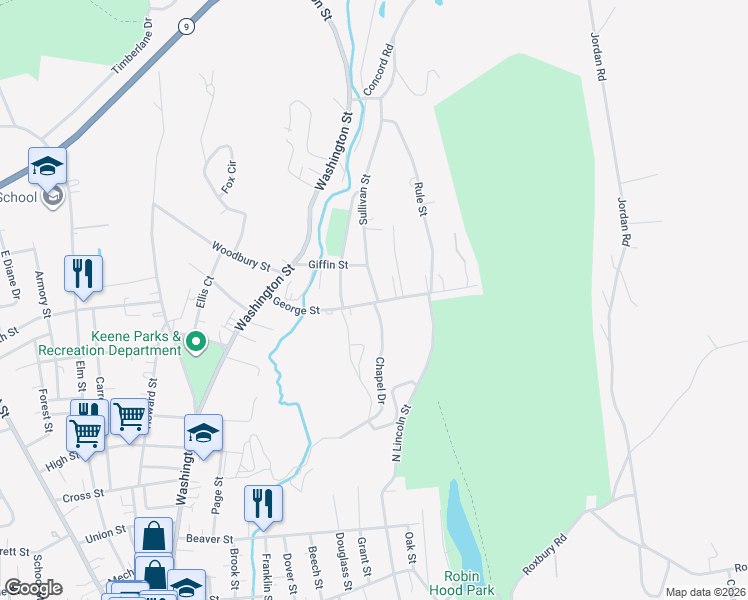 map of restaurants, bars, coffee shops, grocery stores, and more near 130 George Street in Keene