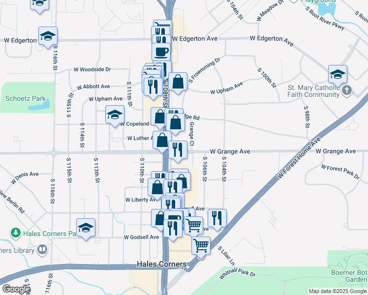 map of restaurants, bars, coffee shops, grocery stores, and more near 10708 West Grange Avenue in Hales Corners