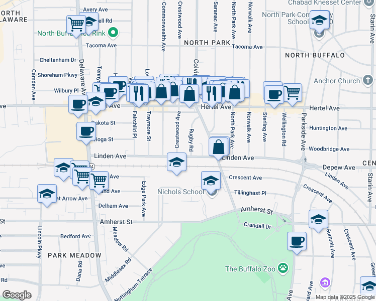 map of restaurants, bars, coffee shops, grocery stores, and more near 14 Rugby Road in Buffalo