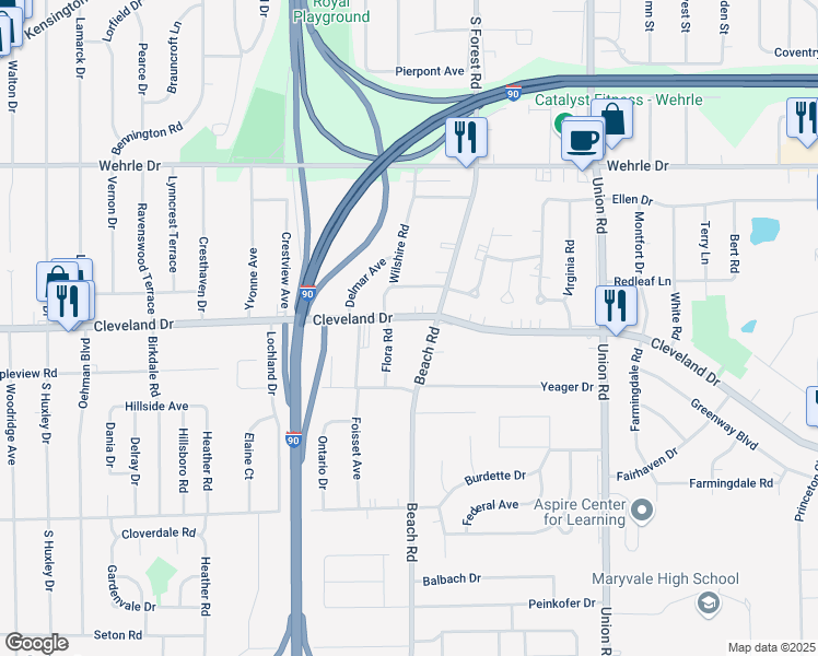 map of restaurants, bars, coffee shops, grocery stores, and more near 1015 Cleveland Drive in Buffalo
