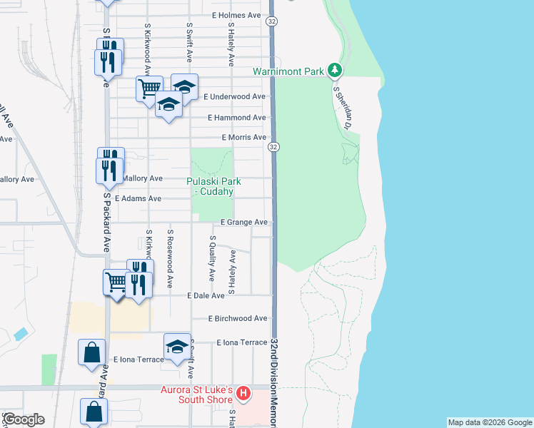 map of restaurants, bars, coffee shops, grocery stores, and more near 5483A South Lake Drive in Cudahy
