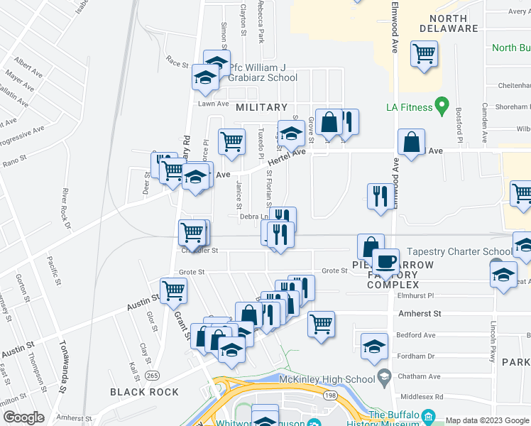 map of restaurants, bars, coffee shops, grocery stores, and more near 28 Saint Florian Street in Buffalo