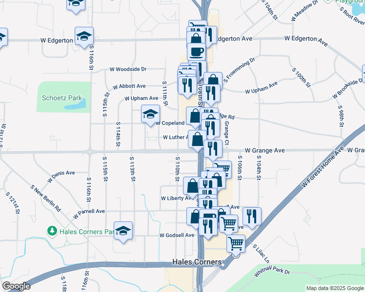map of restaurants, bars, coffee shops, grocery stores, and more near 10908 West Grange Avenue in Hales Corners
