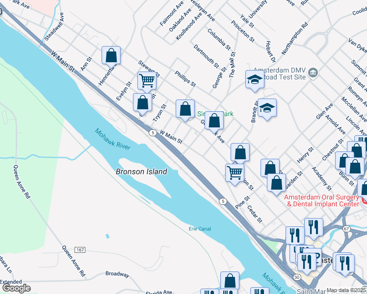 map of restaurants, bars, coffee shops, grocery stores, and more near 270 West Main Street in Amsterdam
