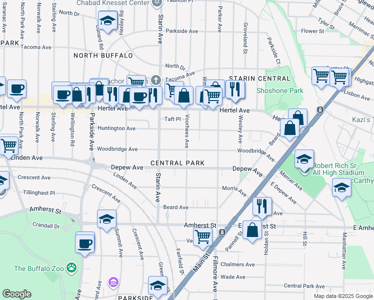map of restaurants, bars, coffee shops, grocery stores, and more near 175 Voorhees Avenue in Buffalo
