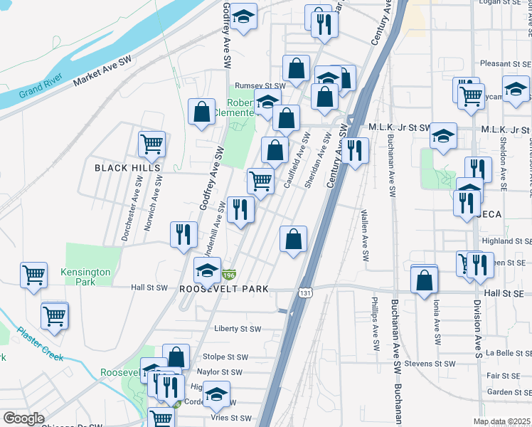 map of restaurants, bars, coffee shops, grocery stores, and more near 440 Beacon Street Southwest in Grand Rapids