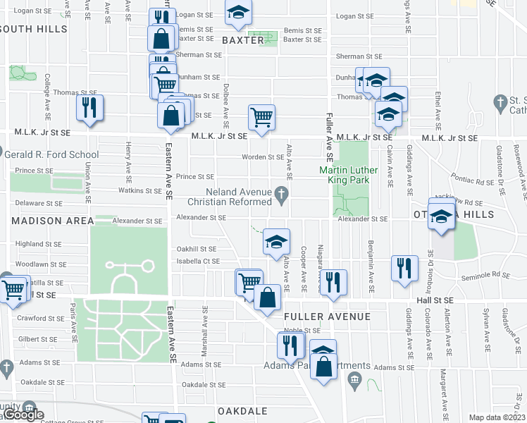 map of restaurants, bars, coffee shops, grocery stores, and more near 1019 Alexander Street Southeast in Grand Rapids