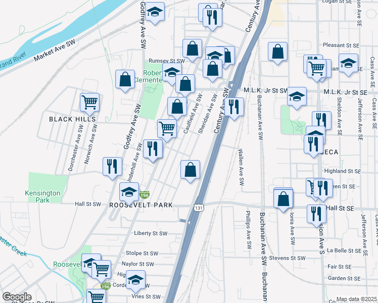 map of restaurants, bars, coffee shops, grocery stores, and more near 953 Sheridan Avenue Southwest in Grand Rapids