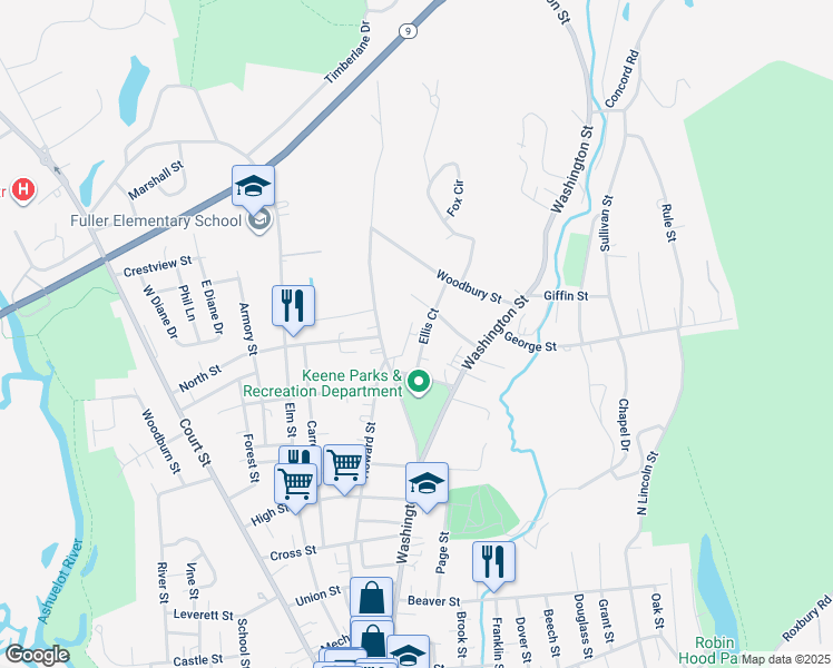 map of restaurants, bars, coffee shops, grocery stores, and more near 48 Ellis Court in Keene