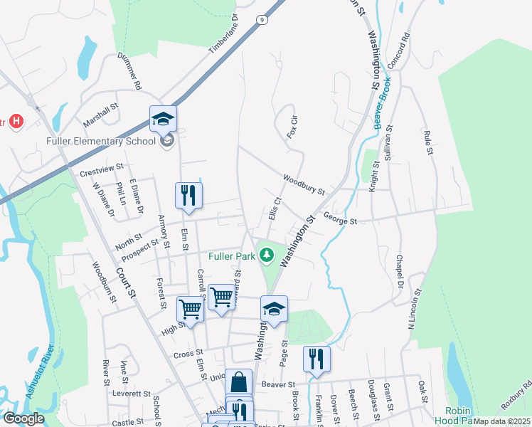 map of restaurants, bars, coffee shops, grocery stores, and more near 48 Ellis Court in Keene