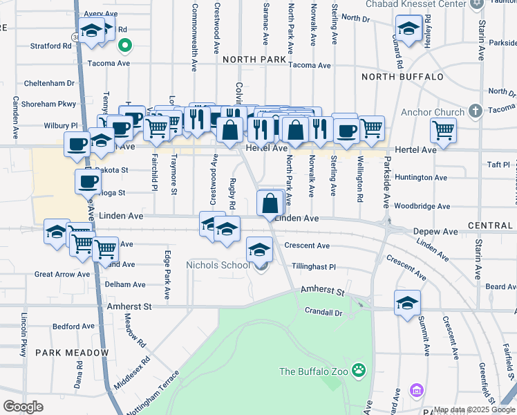 map of restaurants, bars, coffee shops, grocery stores, and more near 148 Colvin Avenue in Buffalo
