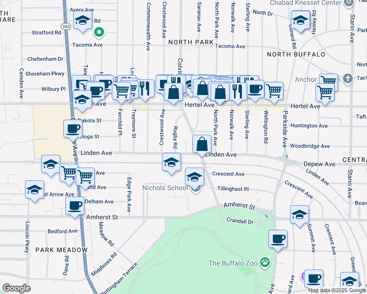 map of restaurants, bars, coffee shops, grocery stores, and more near 148 Colvin Avenue in Buffalo