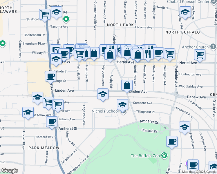 map of restaurants, bars, coffee shops, grocery stores, and more near 14 Rugby Road in Buffalo