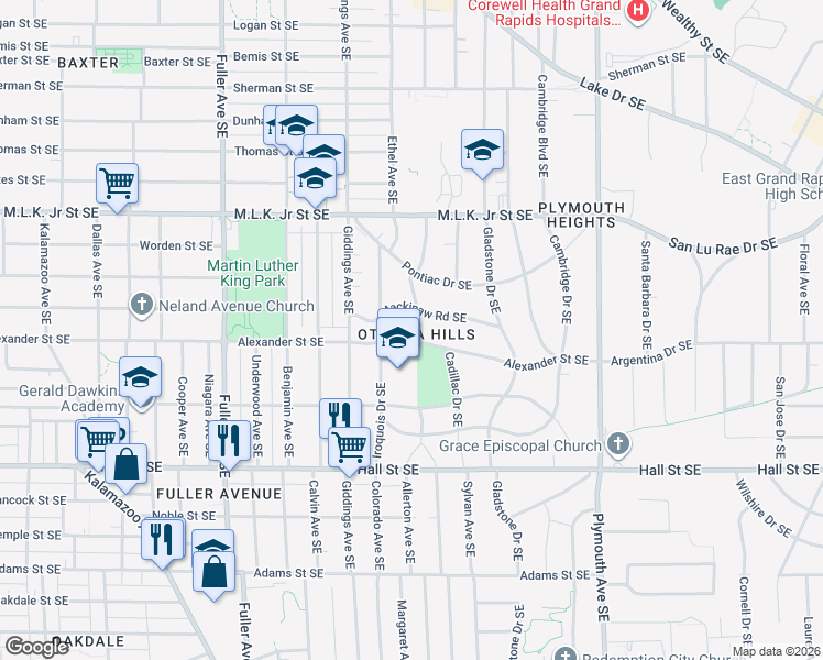 map of restaurants, bars, coffee shops, grocery stores, and more near in Grand Rapids