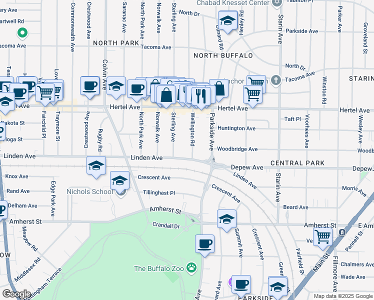 map of restaurants, bars, coffee shops, grocery stores, and more near 24 Wellington Rd in Buffalo